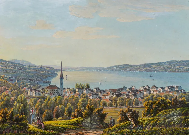 Vue de Horgen lac de Zurich by David Alois Schmid, landscape with lake and reflections, medium unknown.