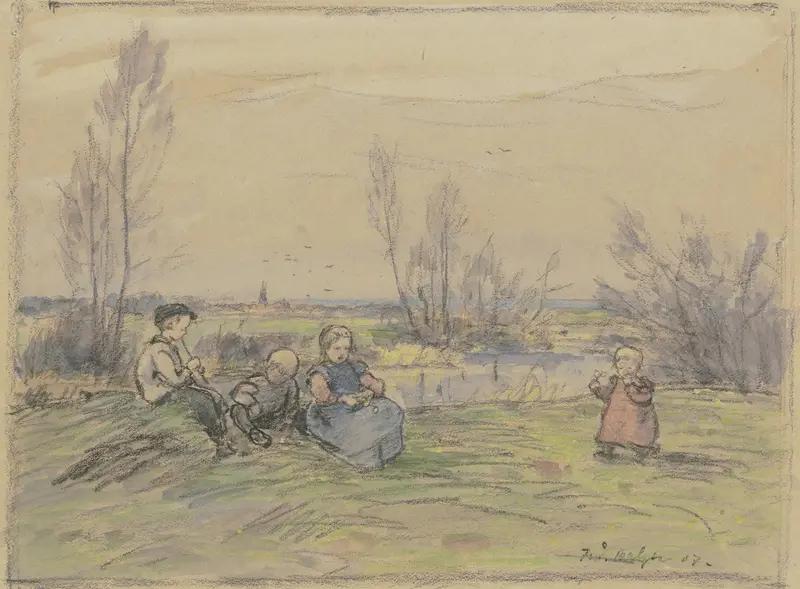 Children at the stream, Impressionism by Ferdinand Balzer, depicting two children playing by the water.