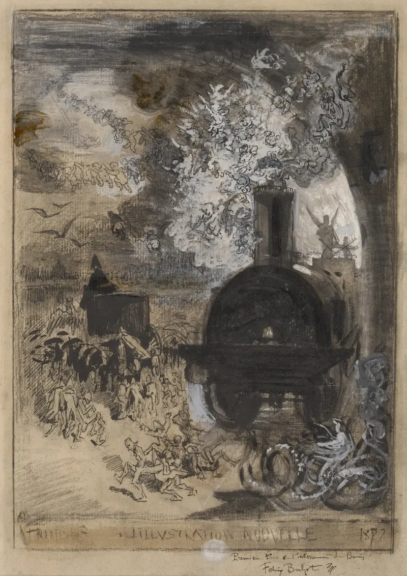 Etching by Félix Hilaire Buhot depicting shadowy figures and a burin.