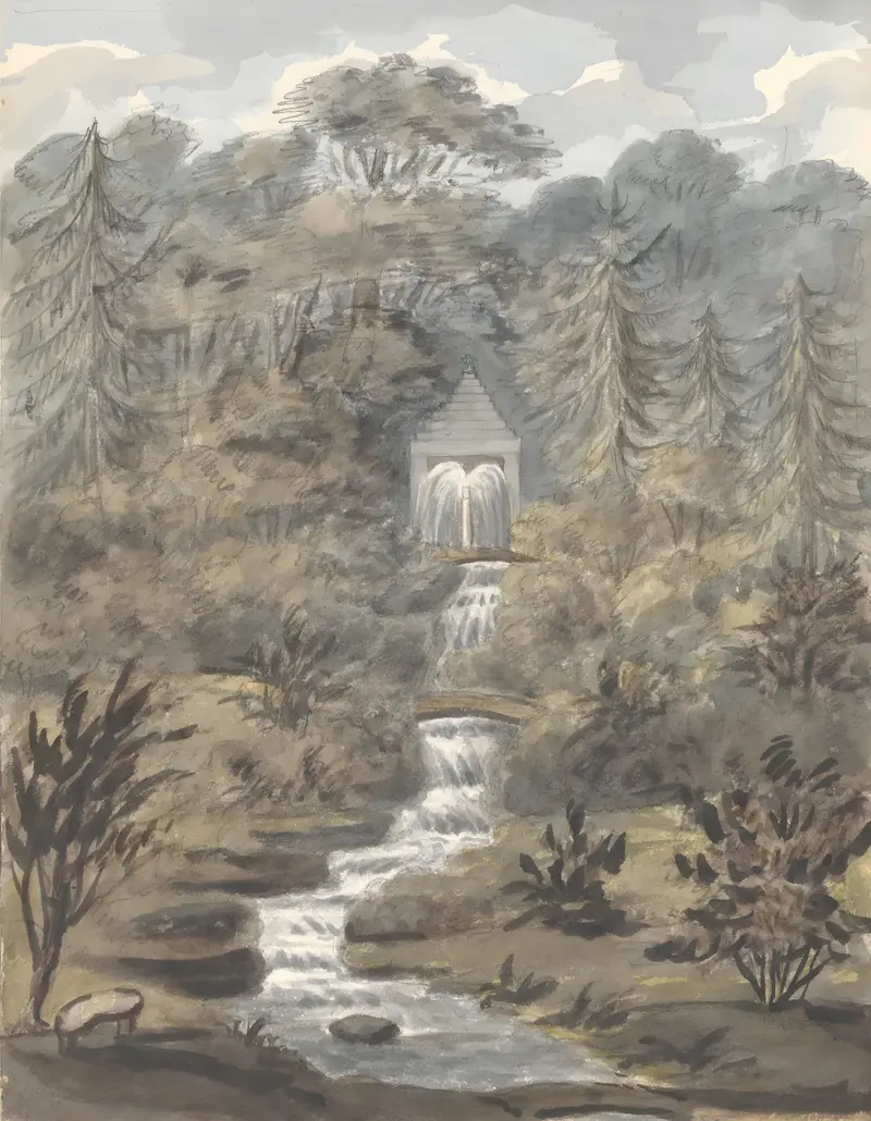Watercolour by Anne Rushout depicting a waterfall and temple in Sezincote