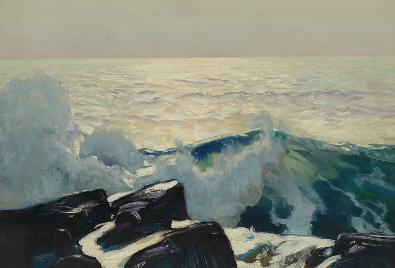 Rocky Coast And Sea by Frederick Judd Waugh, oil painting depicting turbulent waves and cliffs.