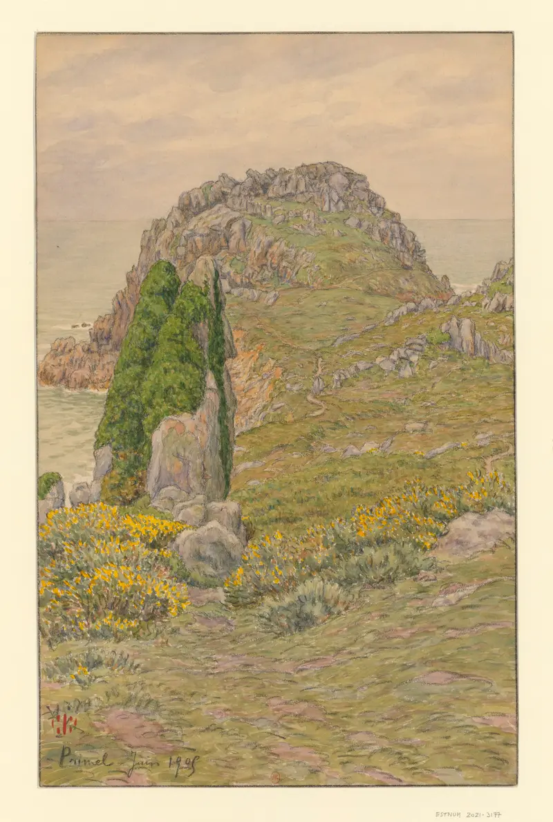 Lithograph by Henri Rivière showing a landscape with textured stones in muted colors.