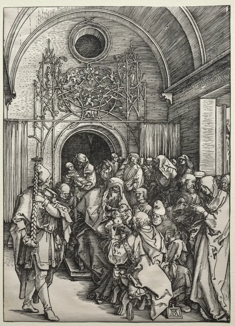Albrecht Dürer's 'The Circumcision' depicts a significant biblical event with intricate details.