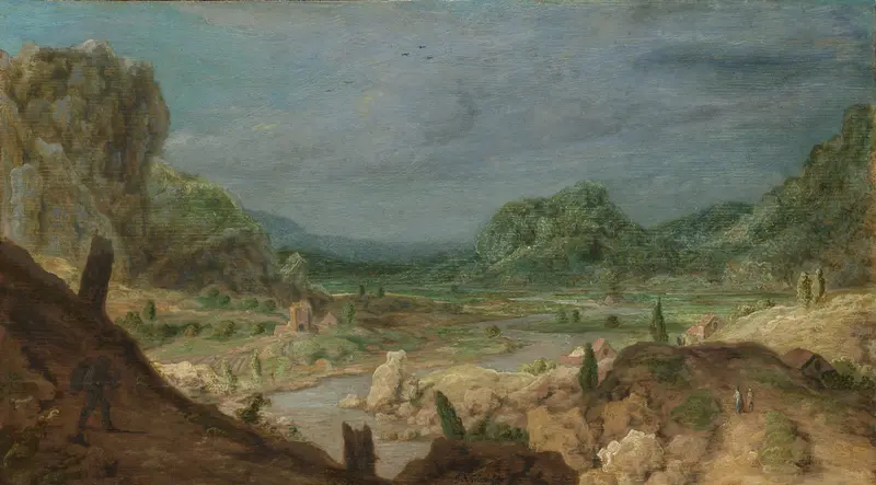 River Valley, oil on panel by Hercules Segers, depicting a landscape with mountains and a river.