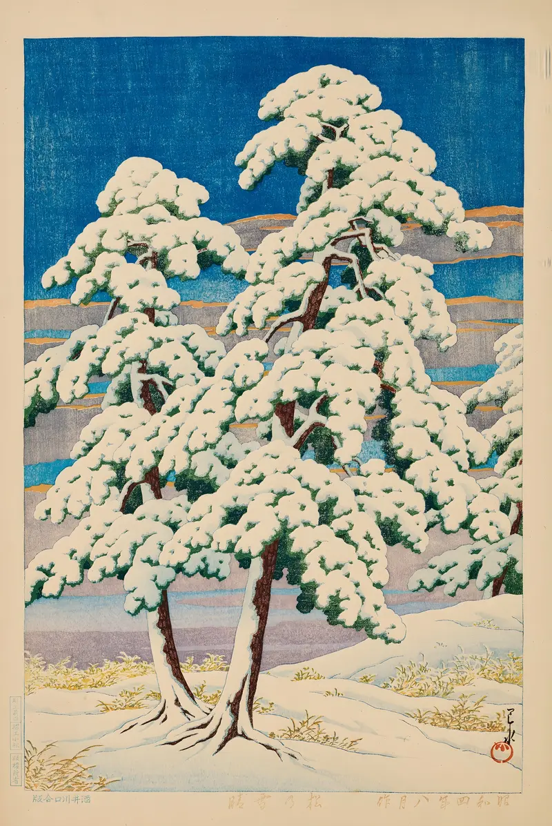 Ukiyo-e by Kawase Hasui depicting snow-dusted pines in a winter landscape