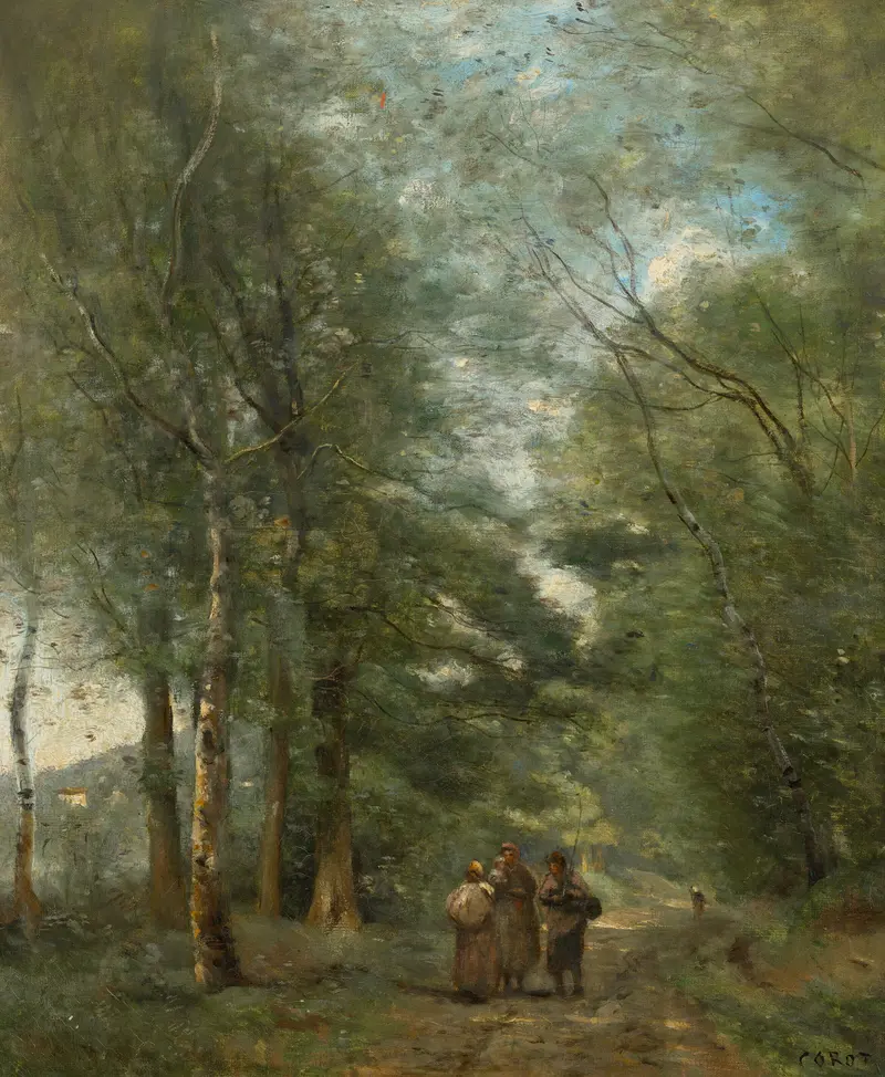 Genre scene of two peasants conversing by a path, oil painting by Jean-Baptiste-Camille Corot