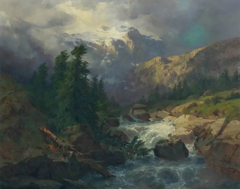 Souvenir Handeck, Stormy Weather by Alexandre Calame, oil painting depicting stormy mountains.