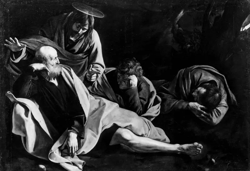 Caravaggio's 'Christ on the Mount of Olives' depicts Christ in agony, illuminated by harsh light.