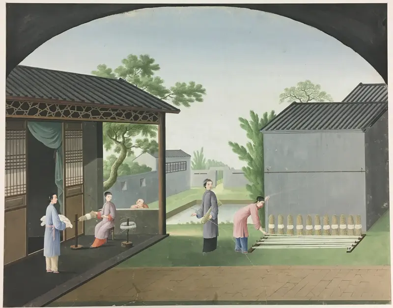 Genre scene of tea preparation and silk production, paper by China