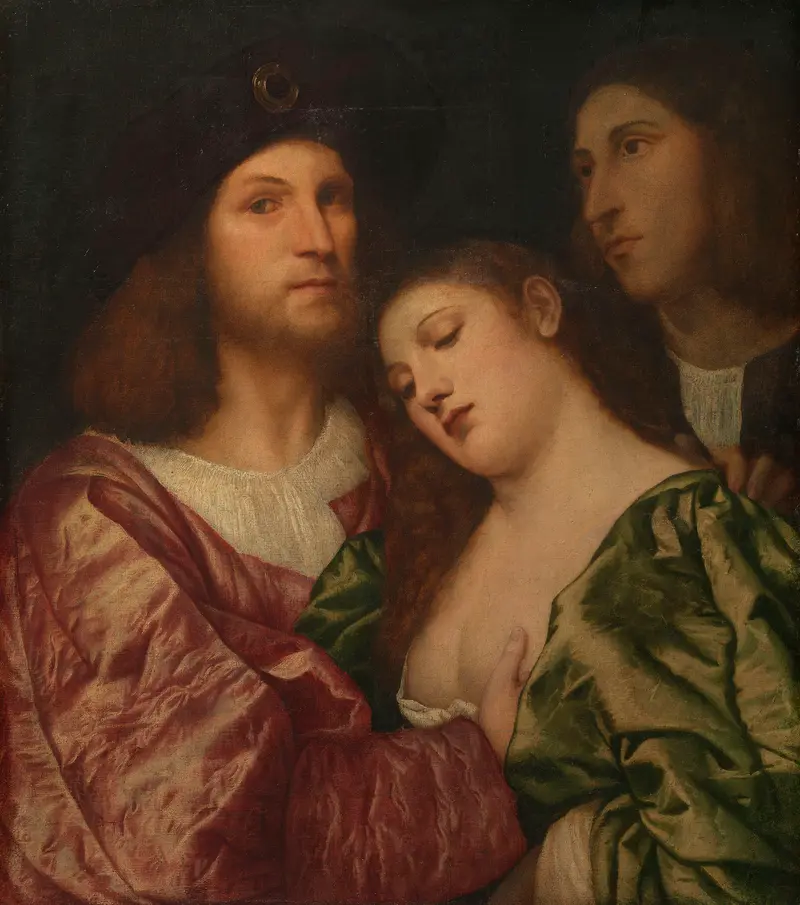 A painting depicting a man and a woman in an intimate exchange, embodying themes of love.