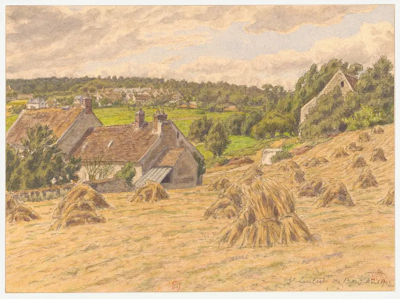 Landscape by Henri Rivière, oil painting depicting hills and a cerulean sky.