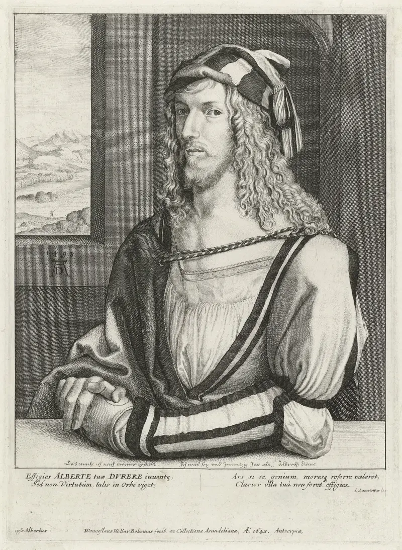 Etching by Wenceslaus Hollar depicting Albrecht Dürer with intricate line work.
