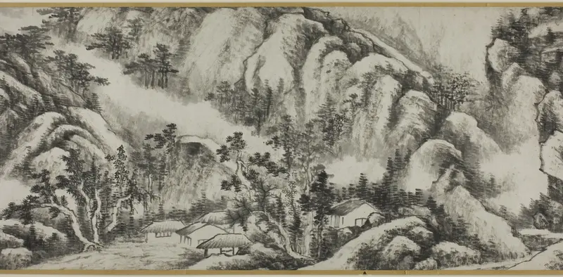 Landscape ink on paper by Gong Xian depicting tranquil mountains and hues