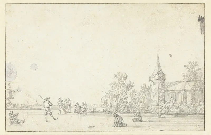 Frozen river with skaters near a church, paper by Aelbert Cuyp