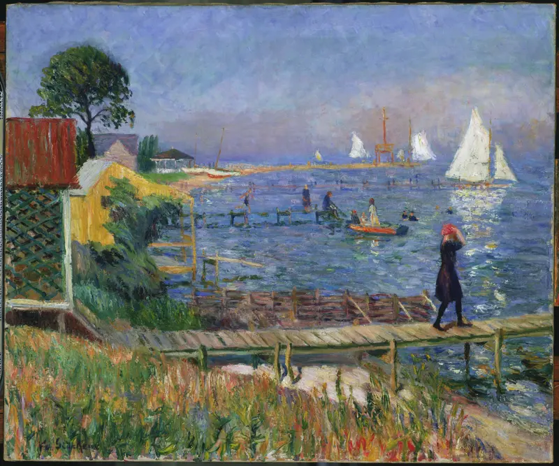 Bathers at Bellport by William James Glackens, oil painting of figures enjoying water.