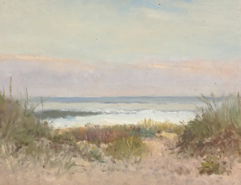 Beach, Grass and Surf by Arthur Turnbull Hill, oil on canvas depicting a serene landscape.