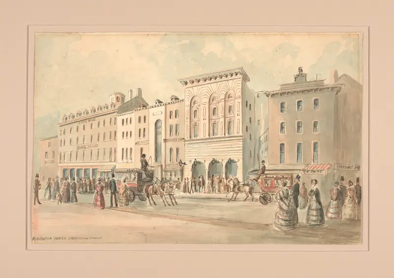 New Boston Theater by Benjamin Champney, oil painting, showcasing the illuminated façade and entrance.