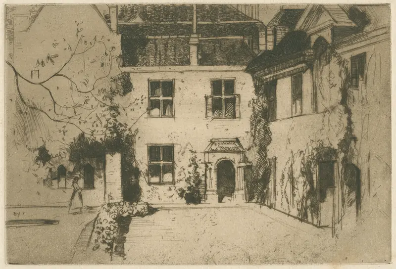 The Deanery, Winchester by David Young Cameron, oil painting depicting sunlight on stone facade.