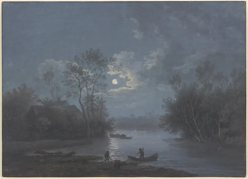 Moonlight landscape by Claude-Joseph Vernet, oil painting depicting serene waters and clouds.