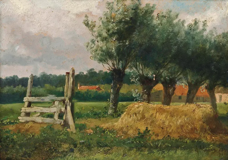 Landscape with willow trees by Anton Mauve, oil painting of a serene nature scene