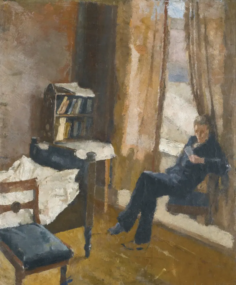 A man deeply engaged in reading, surrounded by a serene atmosphere.