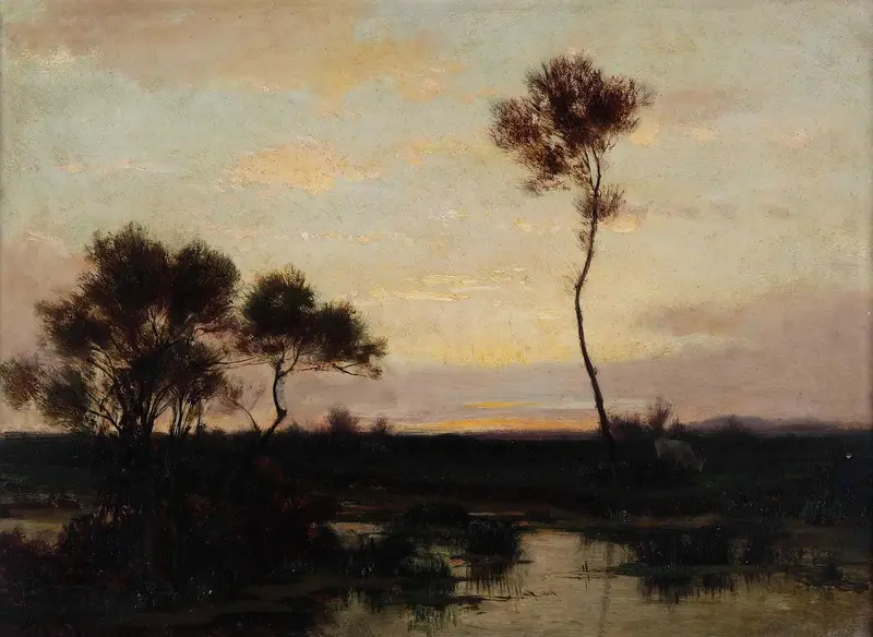Lake landscape by Théodore Rousseau, oil painting depicting serene waters and nature.