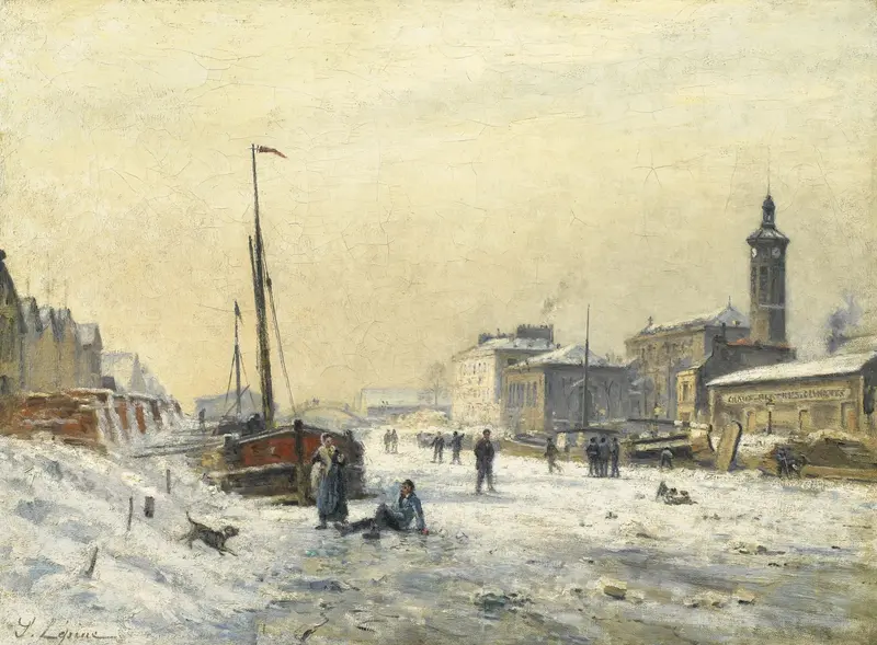 Le Bassin de la Villette en hiver by Stanislas Lépine, oil painting of winter landscape with water and trees.