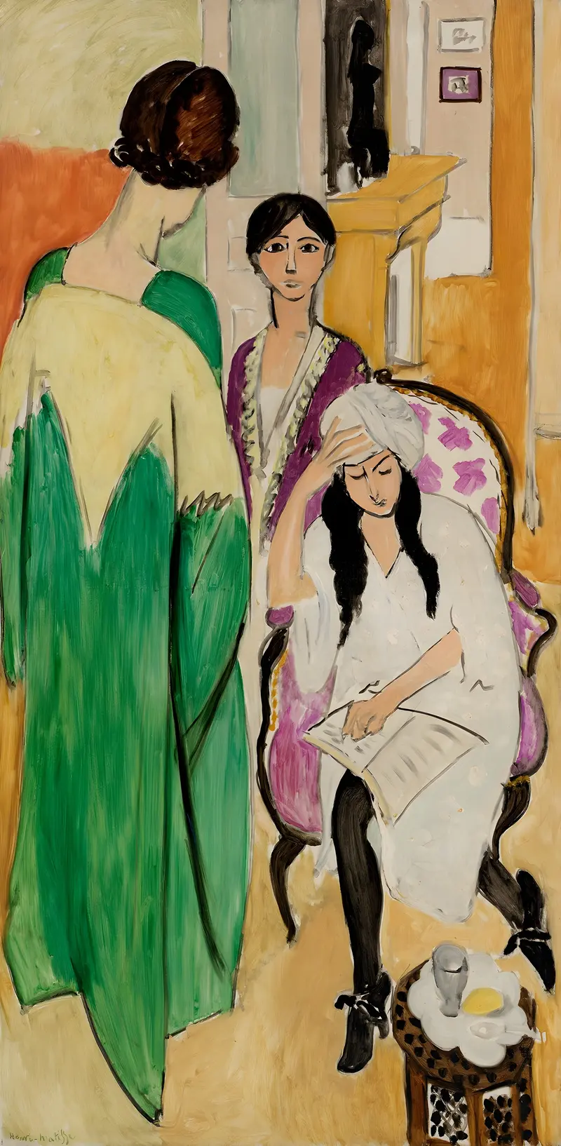 Henri Matisse's 'Three Sisters with an African Sculpture' features vibrant colors and figures in a dynamic composition.