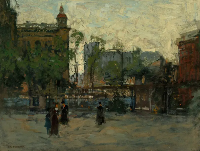 Early Evening, Empire Park, New York by Paul Cornoyer, oil on canvas, depicting a warm park scene.