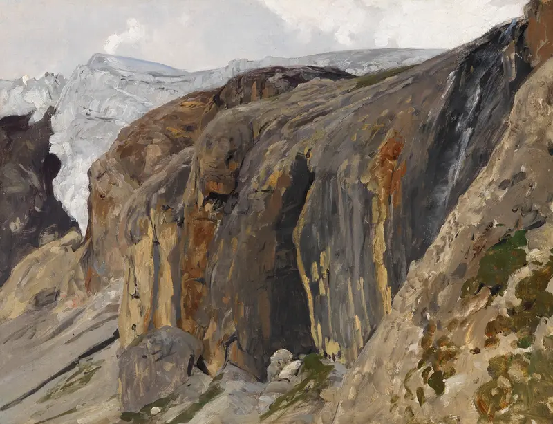 Landscape of rugged mountains under a stormy sky by Eugen Bracht, oil painting