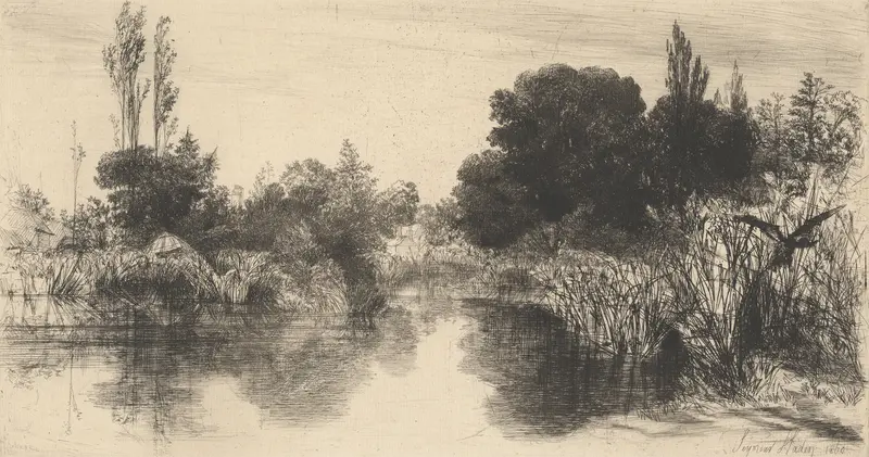Engraving of Shere Mill Pond by Francis Seymour Haden, featuring calm waters and reflections.