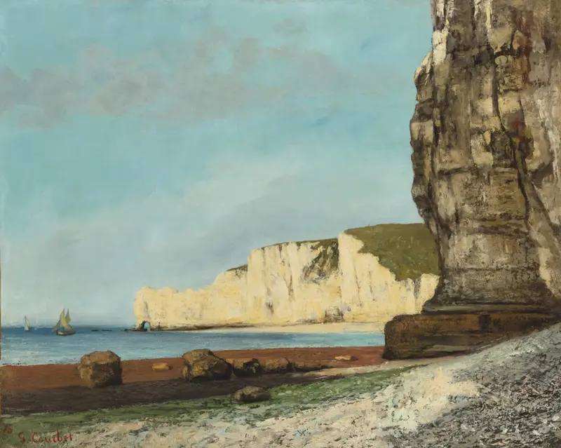 Étretat; Les Falaises by Gustave Courbet, oil on canvas, depicting jagged cliffs and turbulent sea.