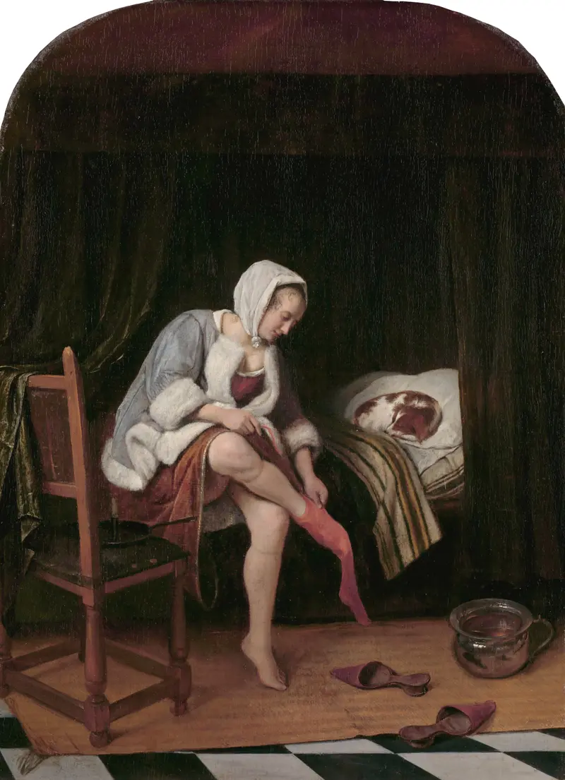 Nude woman undressing, oil on panel by Jan Havicksz. Steen