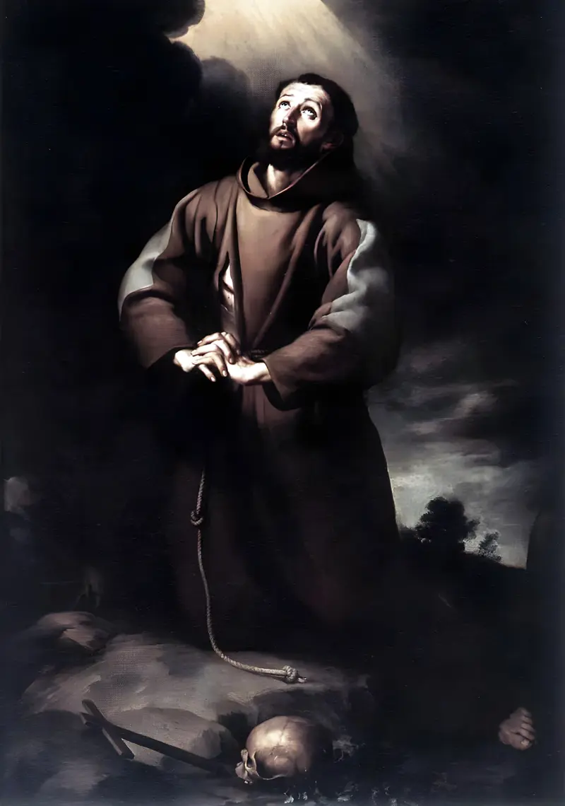 St. Francis of Assisi kneeling in prayer, illuminated by divine light.