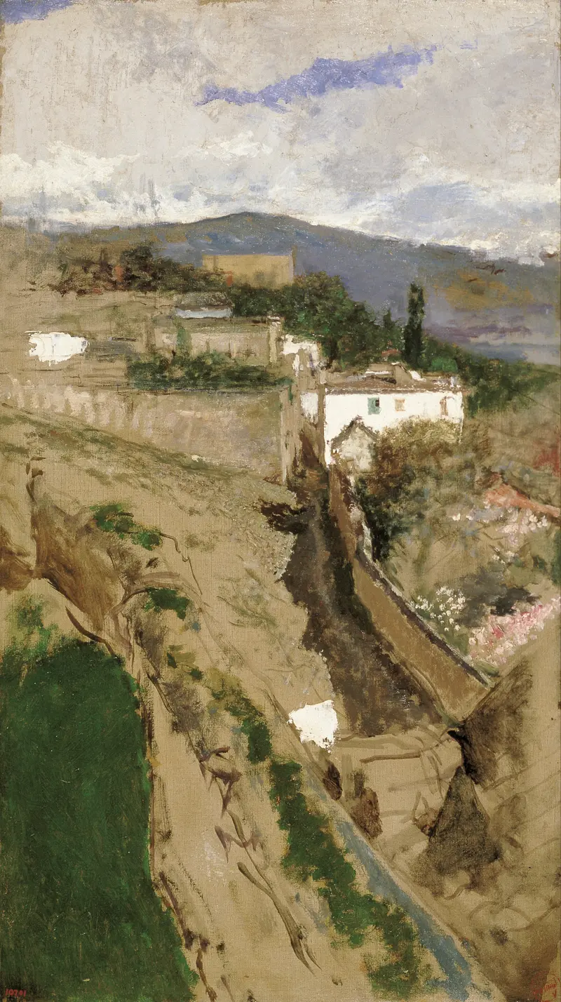Granada Landscape by Mariano Fortuny Marsal, oil on canvas depicting lush hills and mountains.