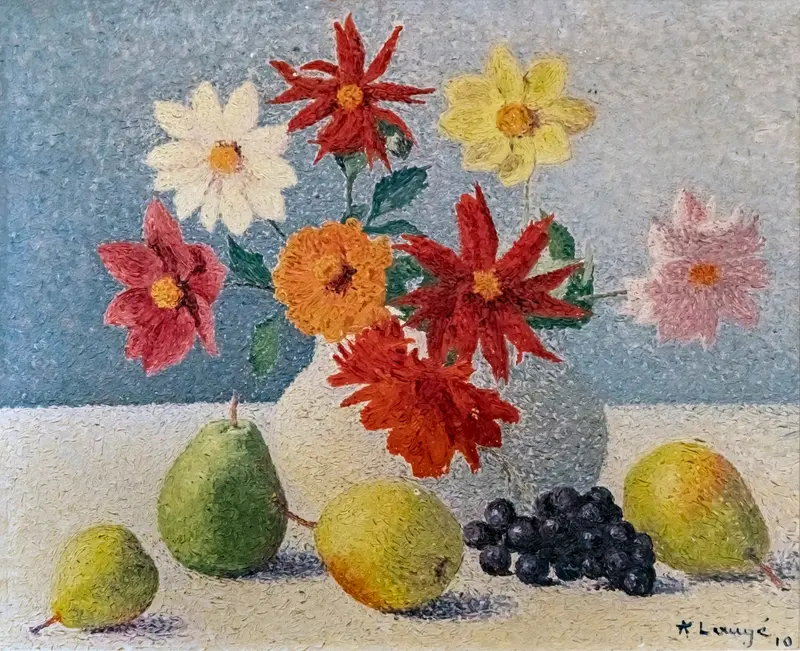 A vibrant still life featuring bold red and gold flowers against a blue wall, with pears and grapes on a pale tabletop.