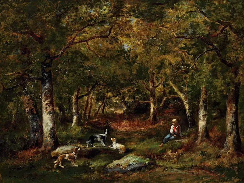 Figurative oil painting by Narcisse-Virgile Diaz de La Peña featuring a child and dogs in a forest.