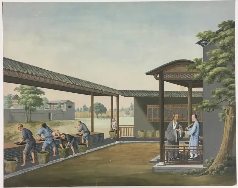 Genre scene of women spinning cloth and preparing tea leaves, paper by China