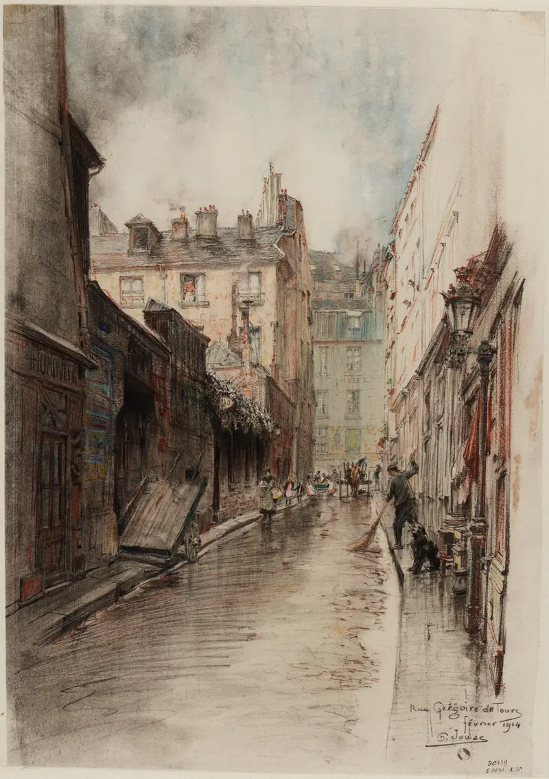 Genre scene depicting urban life in Rue Grégoire de Tours by Charles Jouas, oil painting