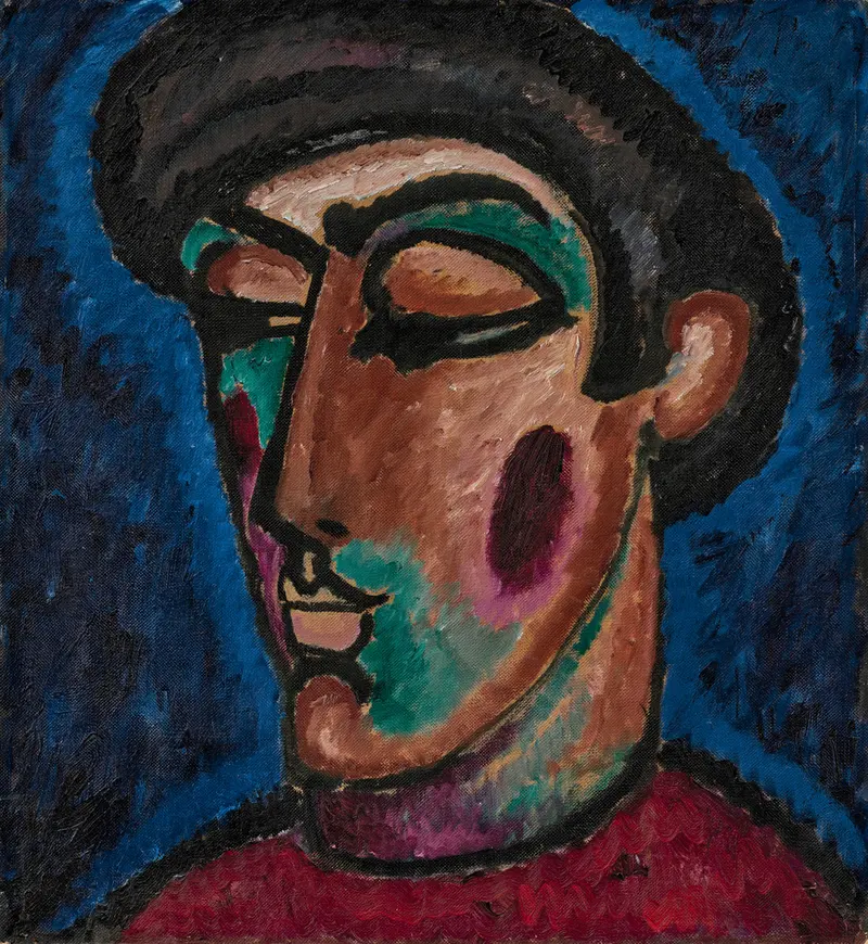 A mask-like face with heavy-lidded eyes and contoured cheeks in vibrant colors against a deep blue background.