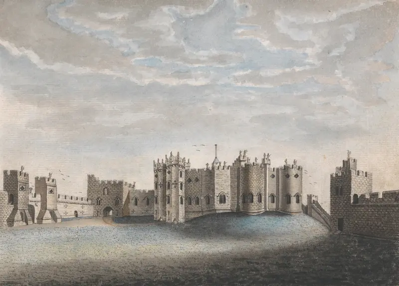 Alnwick Castle by William Beilby, Romanticism, architecture with glowing stone walls