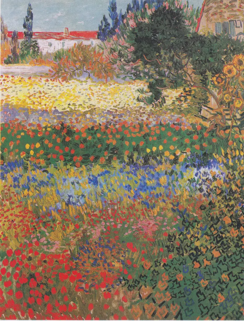 A vibrant garden scene with dense wildflowers in red, yellow, blue, and pink, a white building with a red roof, cypress trees, and textured foliage under a pale blue sky.