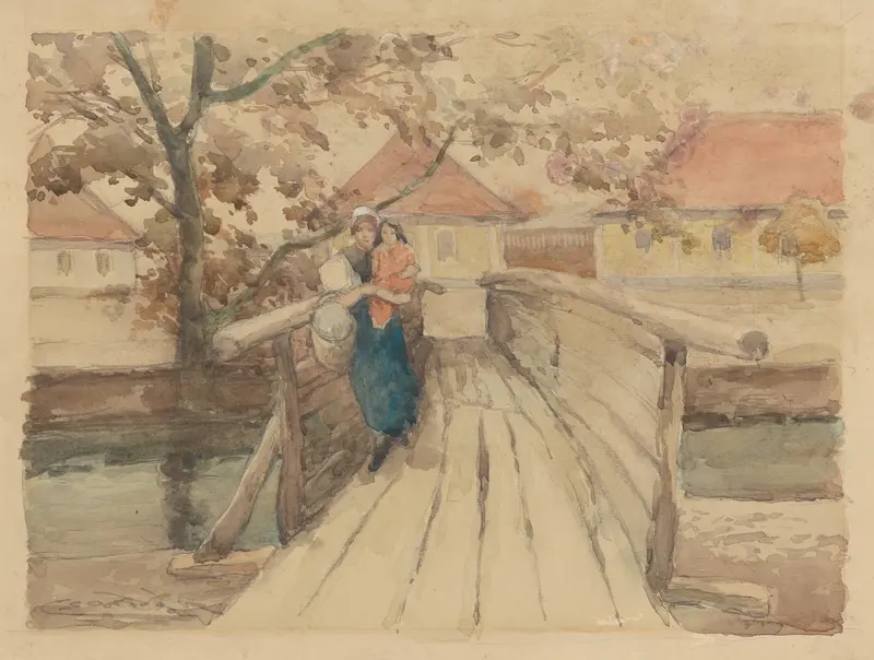 Wooden Bridge by Ľudovít Čordák, depicting a bridge over water, oil painting