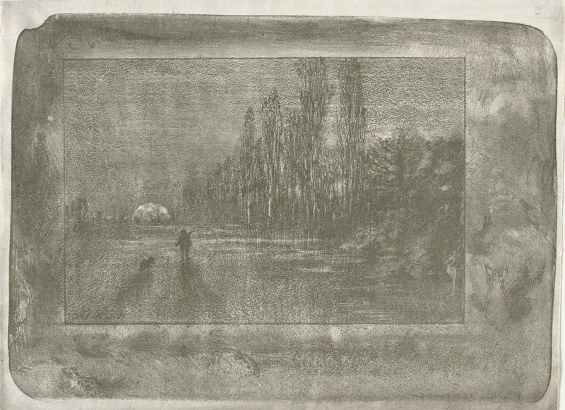 The Little Hunter by Félix Hilaire Buhot, depicting a child with a bow in a landscape, 1892