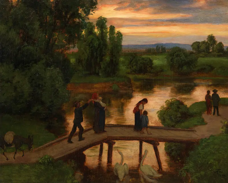 Twilight landscape with a bridge by Hans Thoma, oil painting