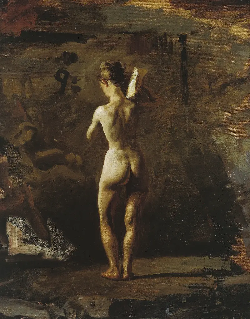 Oil on canvas by Thomas Eakins depicting a sculptor carving a river allegory.