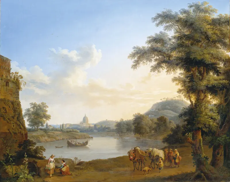 View of Saint Peter’s in Rome by Jacob Philipp Hackert, oil painting depicting the dome and sky.