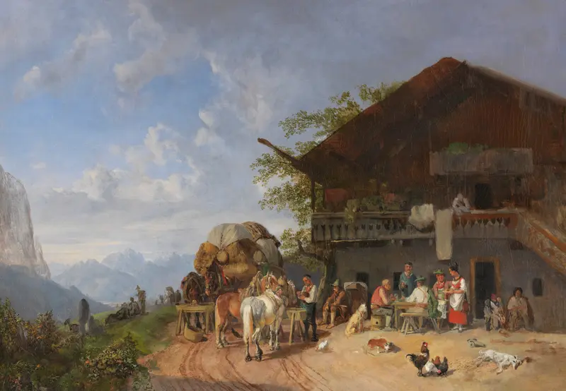 Rast vor einem Gasthof in den Bergen, oil on canvas by Heinrich Bürkel, depicting figures near an inn in a mountain landscape.