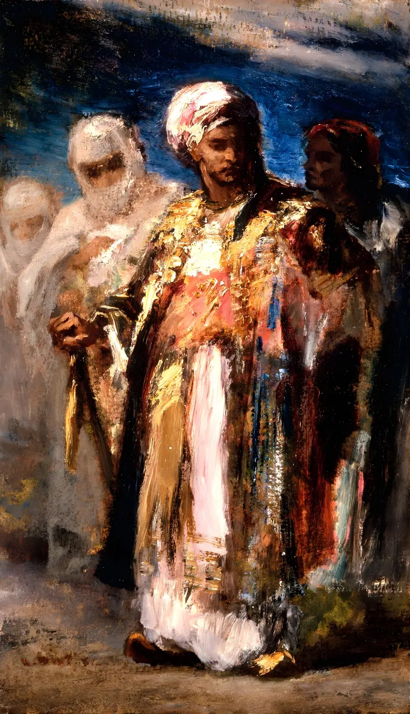 This painting depicts men in traditional Oriental costumes, showcasing intricate details and vibrant colors.
