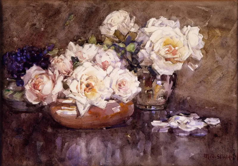 Roses (white) by Margaret Stoddart, oil on canvas, featuring delicate white roses